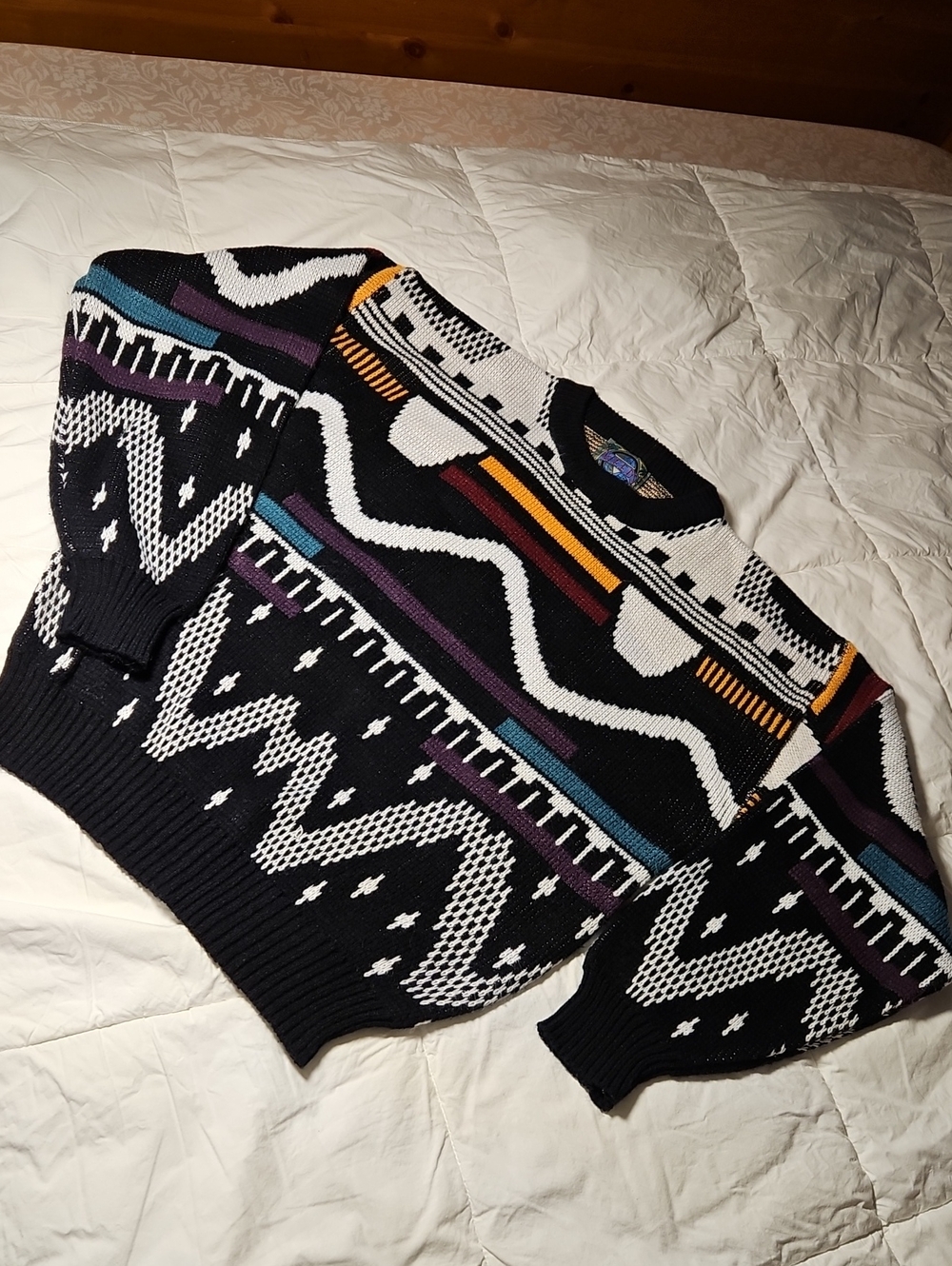 Vintage 80s Weeds Black Crewneck Sweater with White Geometric Knit